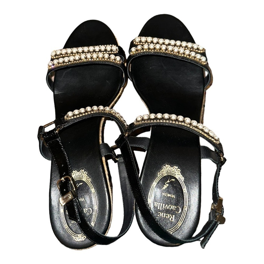 Rene Caovilla Pearly Leather Wedge Sandal, Black - Picture 3 of 10